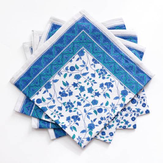 Fleur De Lis Blue Block Printed Napkin Set of Four