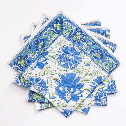 Lotus Flower Blue Block Printed Napkin set of four