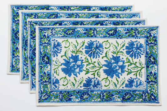 Lotus Flower Blue/Green Block Printed Placemat set of four